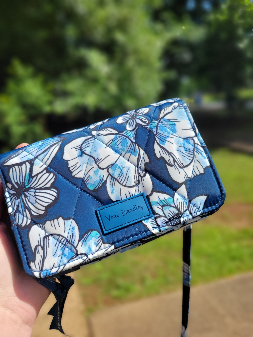 Vera Bradley Navy Floral Quilted Wristlet with White and Light Blue Blooms